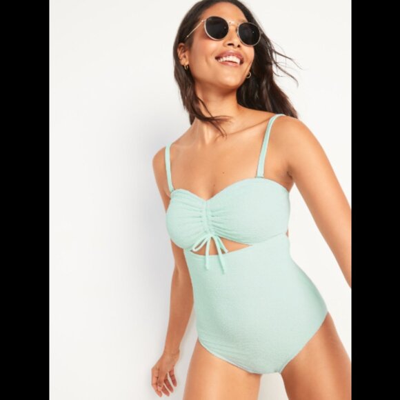 Brand New Textured Cinched-Front One-Piece Swimsuit With Removable Straps - Picture 1 of 8